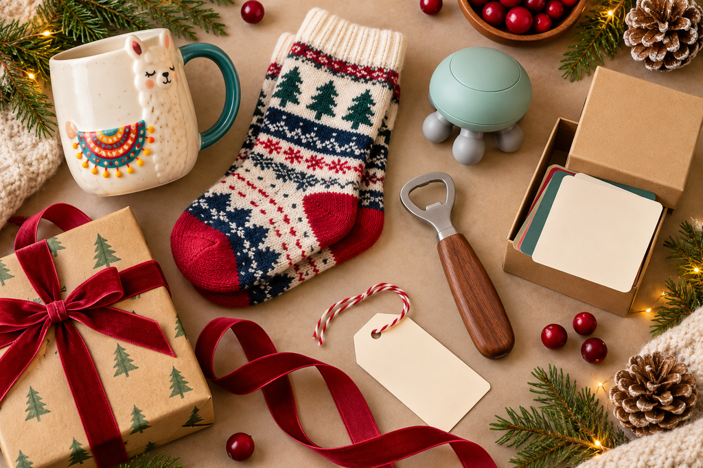 Playful White Elephant gift ideas including a mug, socks, desk gadget, bottle opener and card game