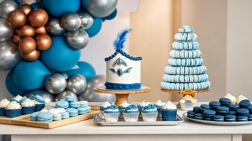 blue cake with macaron towers