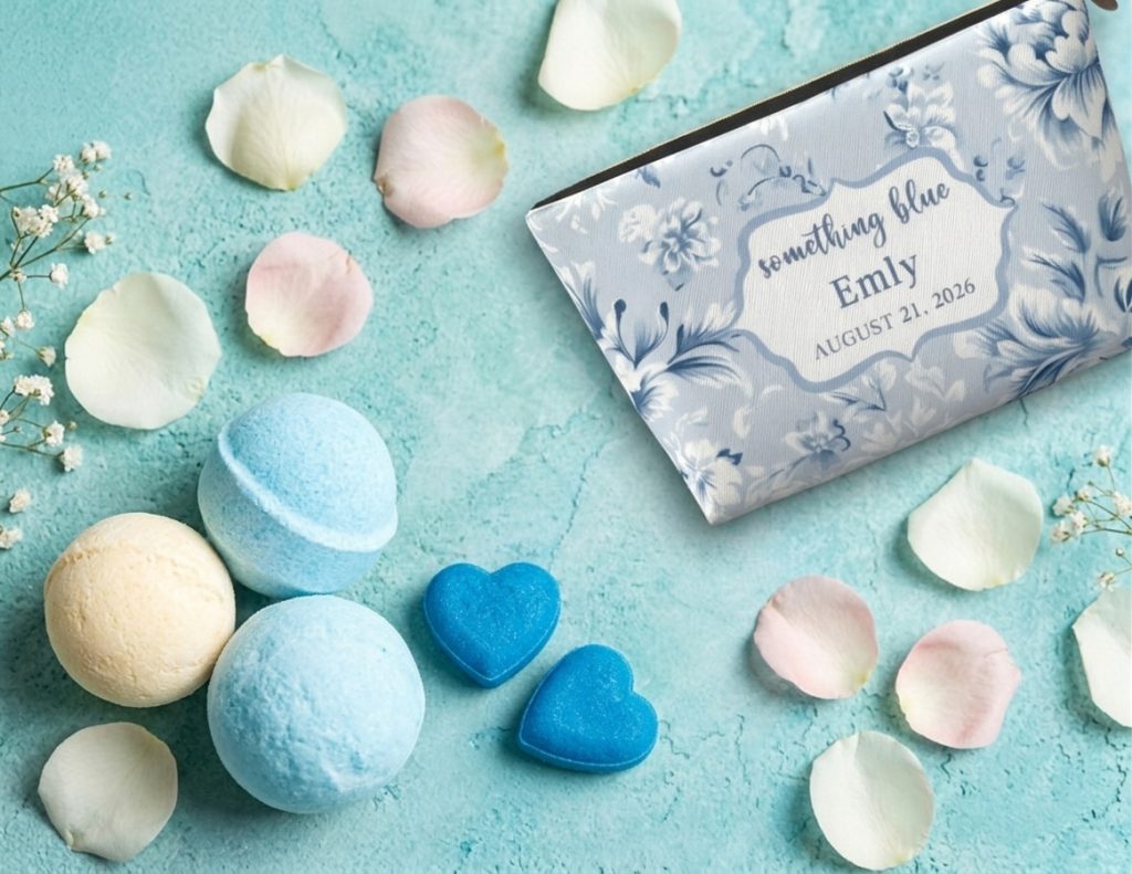 blue makeup bag, bath salts