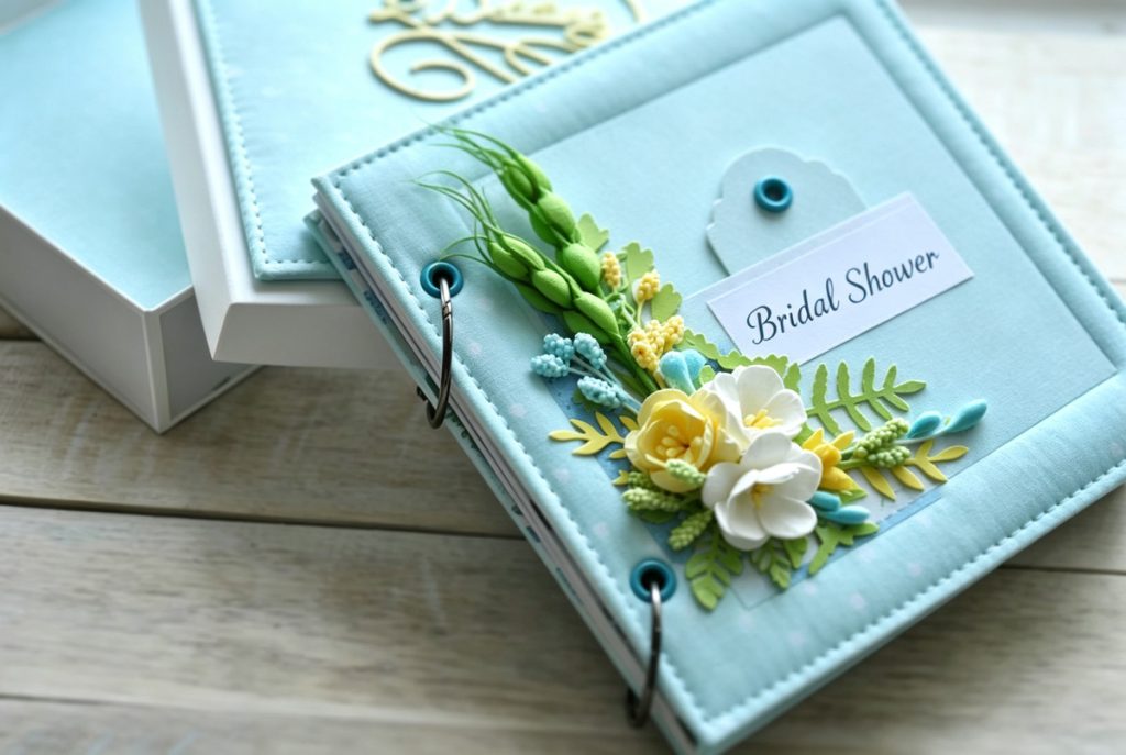 blue photo album with flower for bridal shower