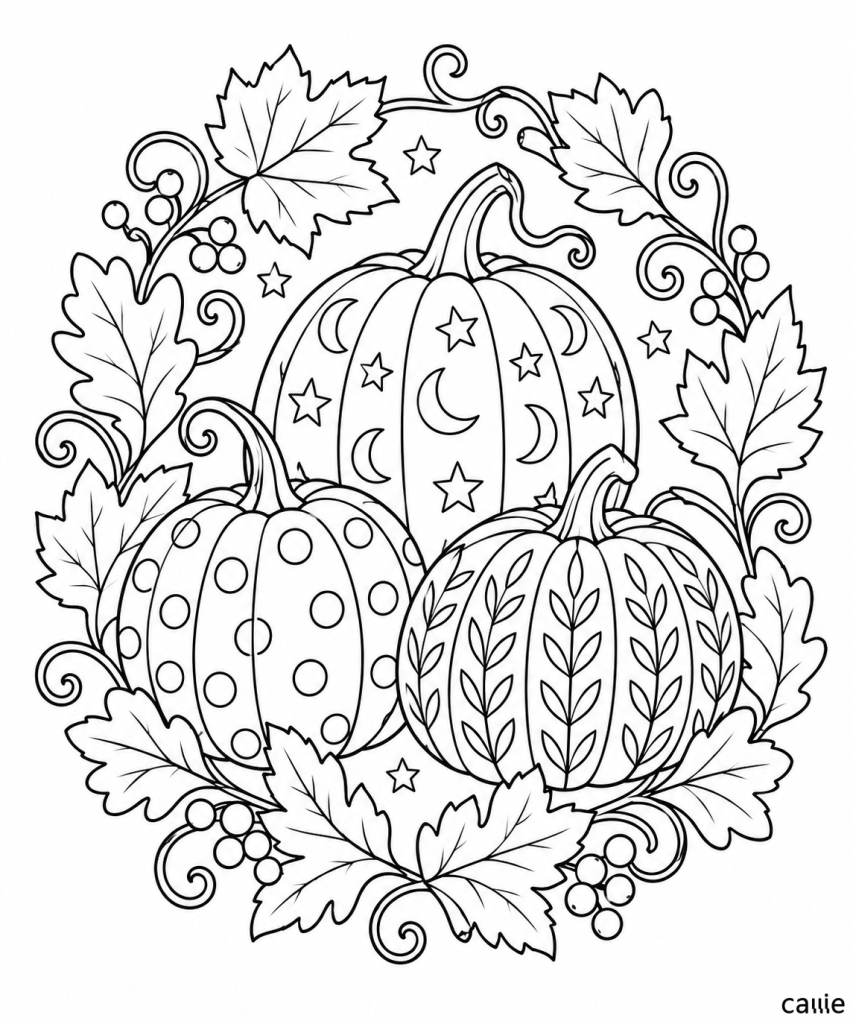 pumpkin and autumn leaves wreath halloween coloring page for adults