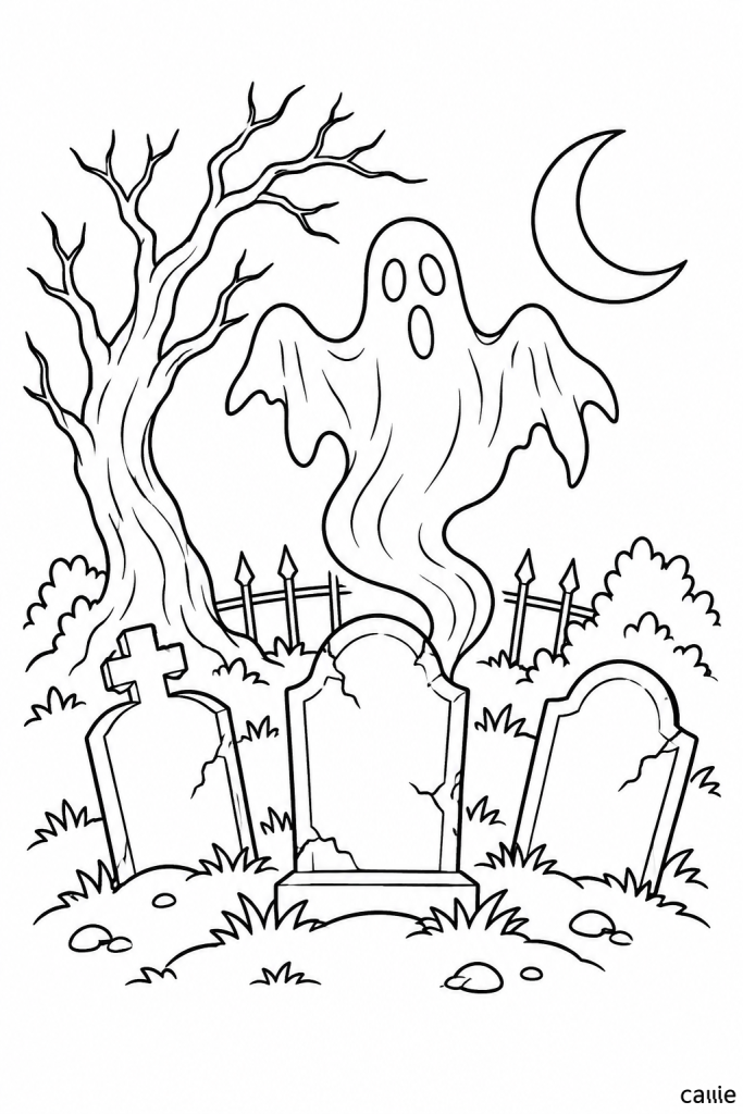 cemetery ghost and crescent moon halloween coloring page