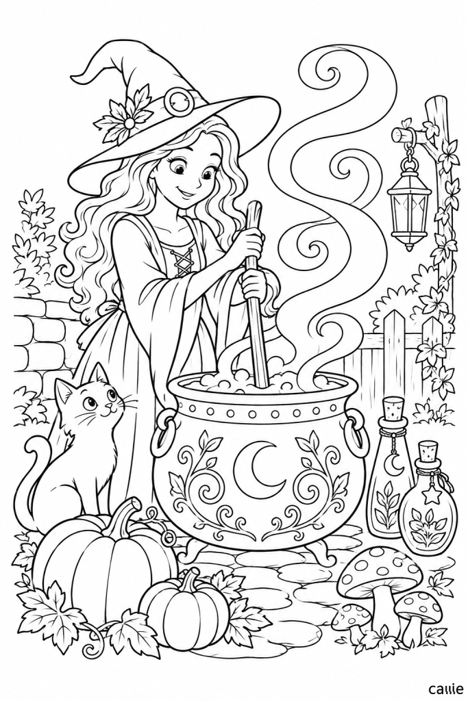 witch's magic cauldron halloween coloring page