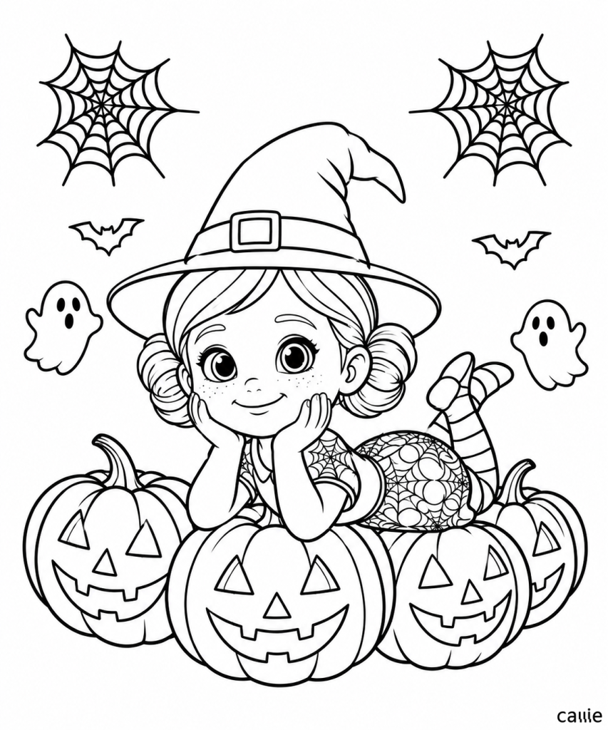 little witch with witch hat and pumpkins