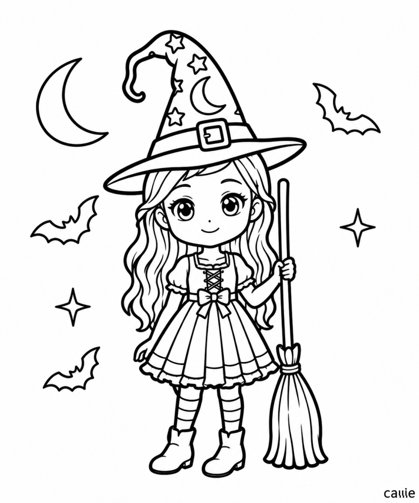 little witch with starry hat and broom under moon
