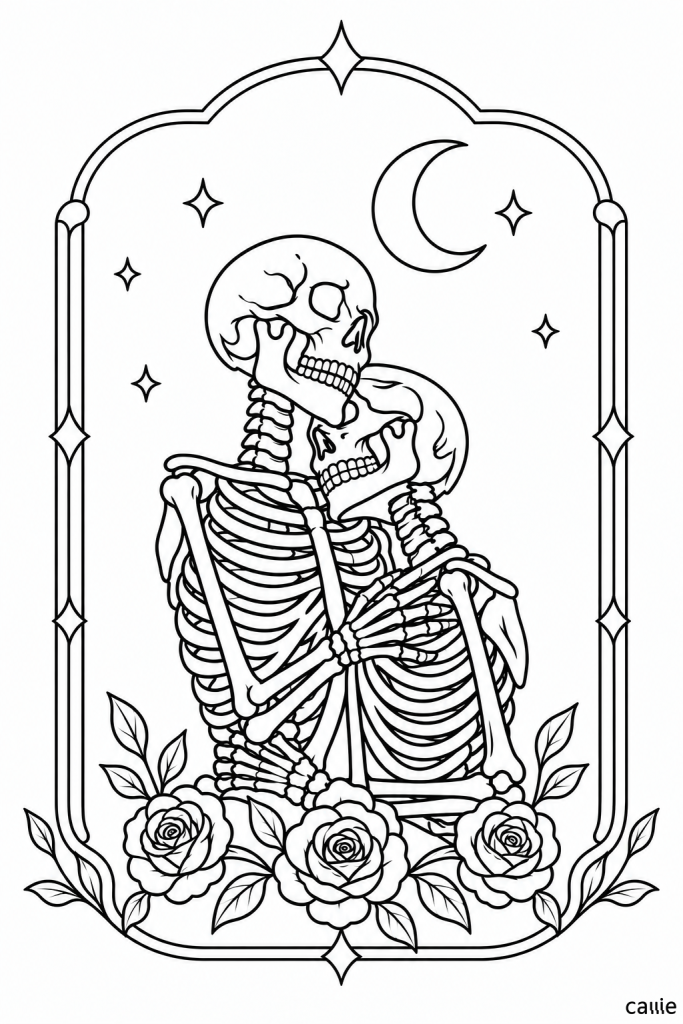 skeleton couple in love under moon gothic