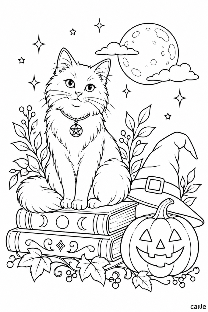 magic book and cat under moon