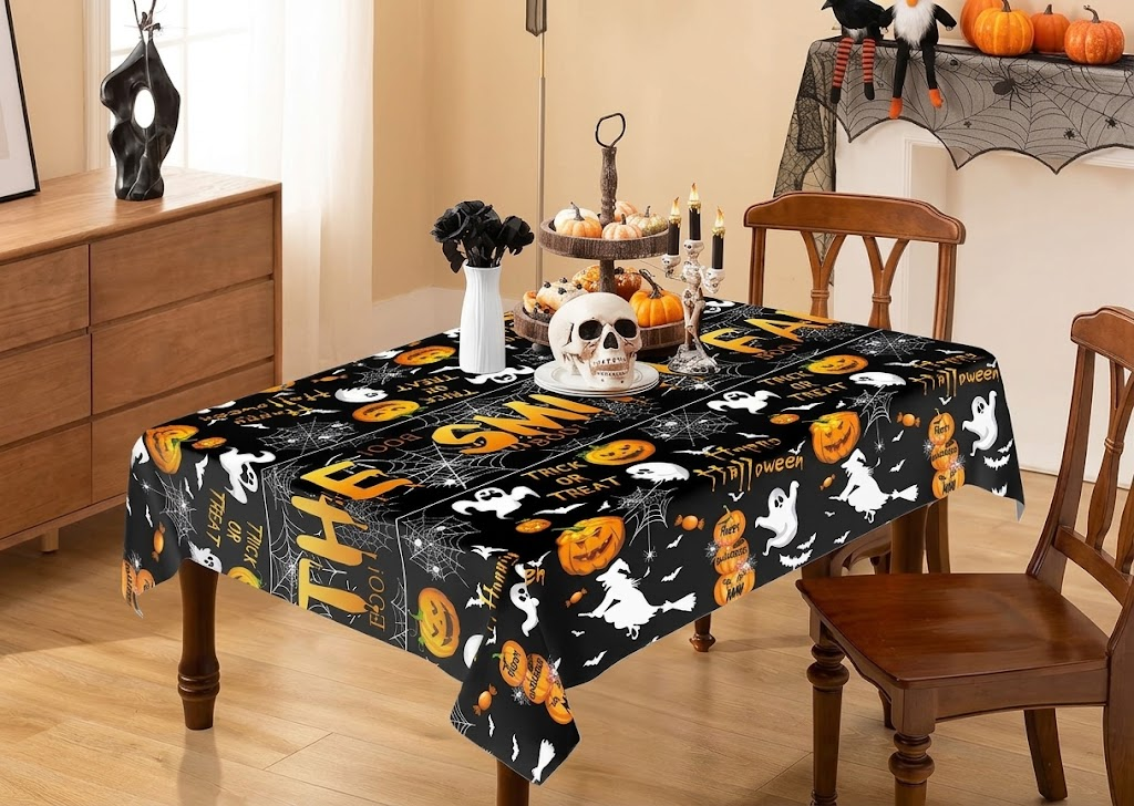 a skull is on a black Halloween-themed tablecloth