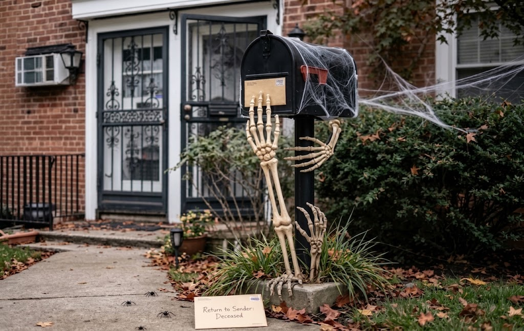 Skeleton hands around the mailbox