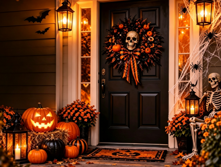 Skeleton wreath with pumpkins