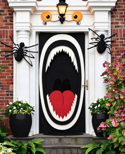 Door is painted with a giant ghost face