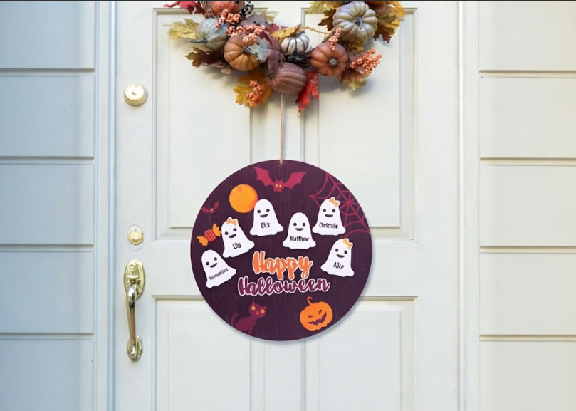 Cute ghost wooden fall door sign texted happy halloween on the door