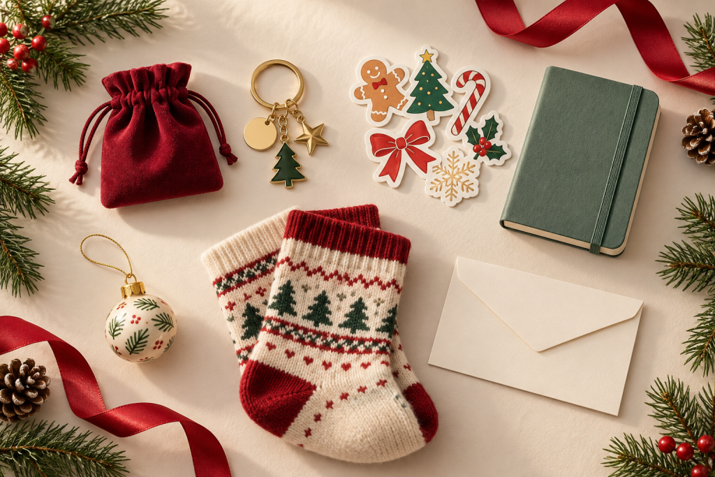 Small stocking gifts arranged with festive ribbon, pine branches and a blank car